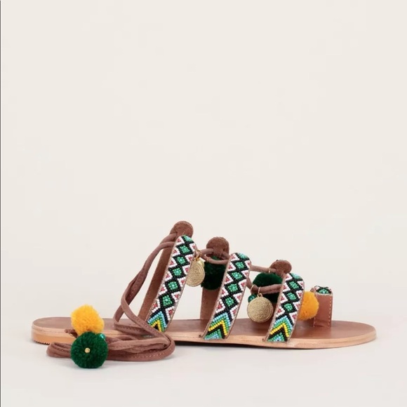 Sandals leather lace up beaded pompom - Picture 2 of 4